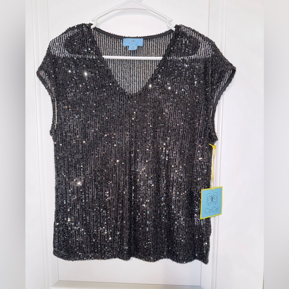 NWT CeCe Women's Black Sequin Top XS